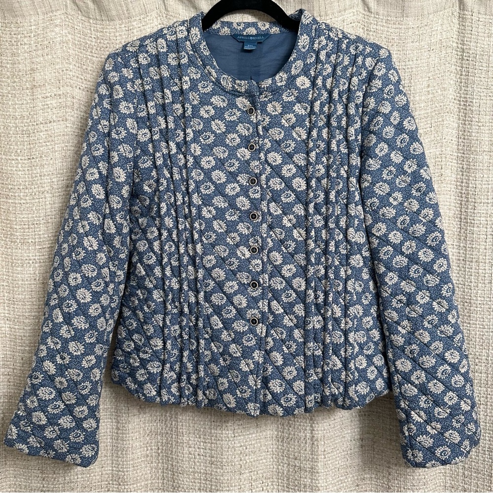April Cornell Quilted Jacket Blue White Floral Cottagecore Coastal Grandma XXS
